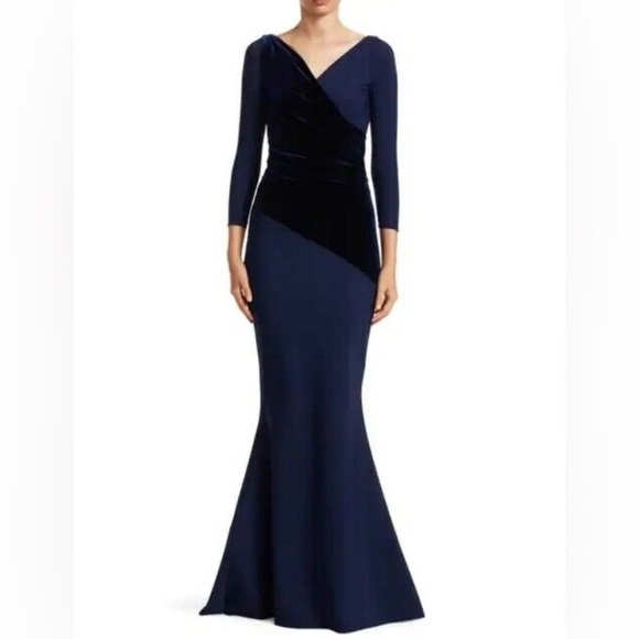 Chiara Boni Dresses & Skirts - Chiara Boni La Petite Robe Erendira Velvet Trim Long Sleeve Gown